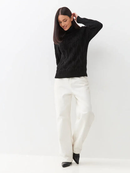 Noir Knitwear by Lauven: Women's wool-blend turtleneck sweater in black, featuring a cable-knit design.