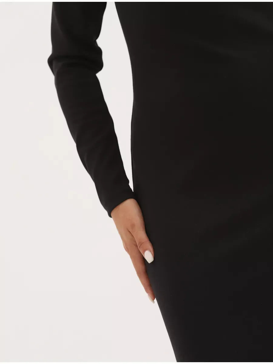 Noir Midi Dress by Lauven featuring a sleek black bodycon fit with a close-up of the sleeve and hand detail.