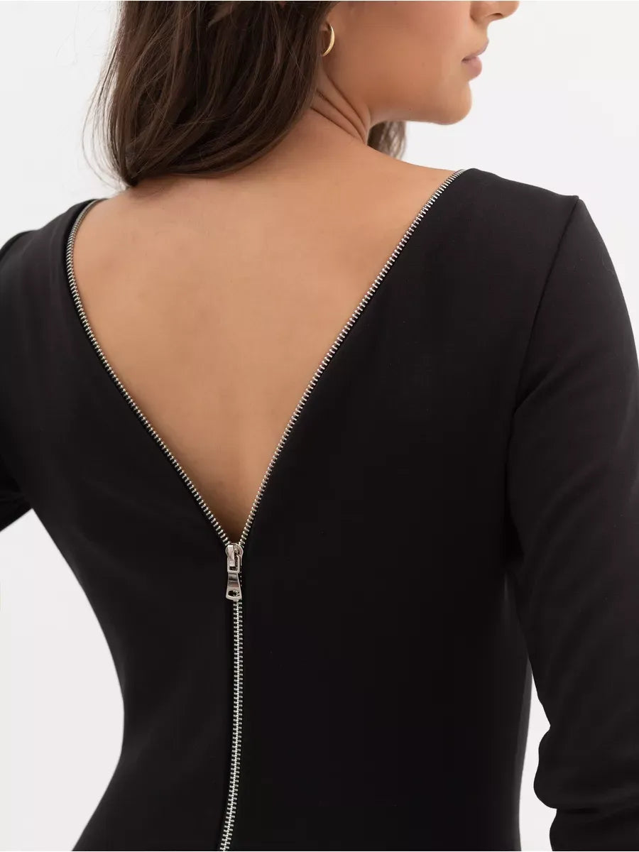 Back view of the Noir Midi Dress by Lauven showcasing its elegant V-back and stylish zipper detail.