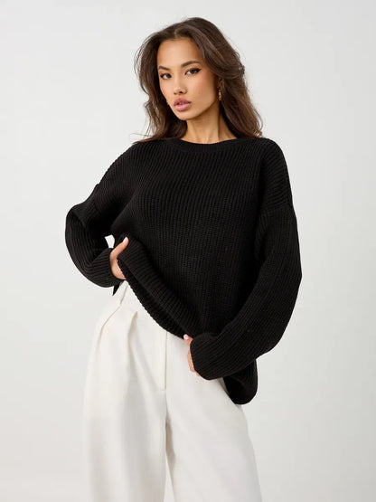Nola Sweater by Lauven - Oversized black knit pullover with crew neck and relaxed silhouette.