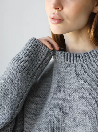 Nova Pullover by Lauven, featuring a chic silver-gray color and ribbed neckline on an oversized women's sweater.