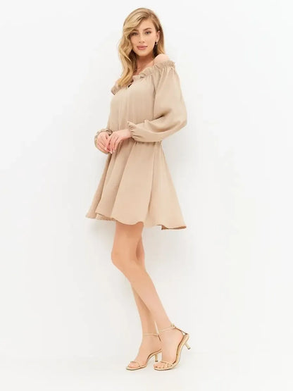 Nude Mini Dress by Lauven, elegant off-shoulder beige mini dress with long sleeves and elastic waistband.