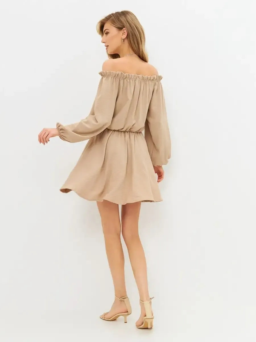 Nude Mini Dress by Lauven, elegant off-shoulder beige mini dress showcasing a flattering silhouette.