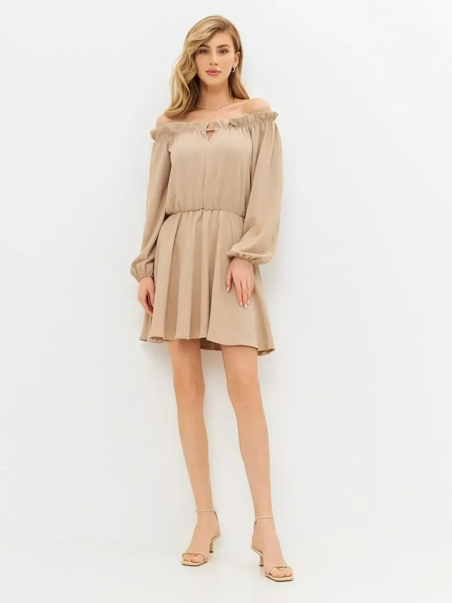 Nude Mini Dress by Lauven – Elegant off-shoulder beige dress with long sleeves and elastic waistband.