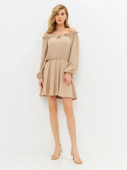 Nude Mini Dress by Lauven – Elegant off-shoulder beige dress with long sleeves and elastic waistband.
