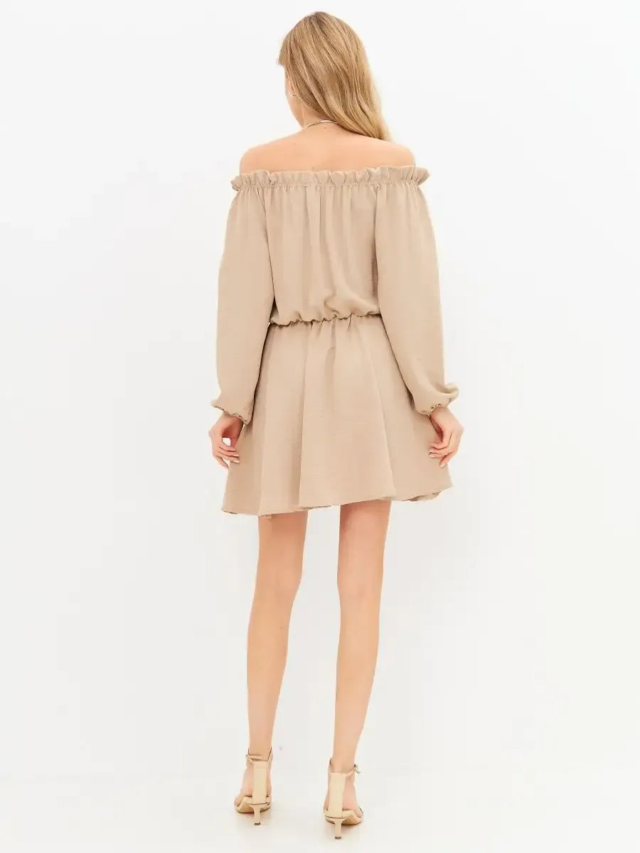 Nude Mini Dress by Lauven, elegant off-shoulder beige mini dress showcasing back view, perfect for versatile occasions.