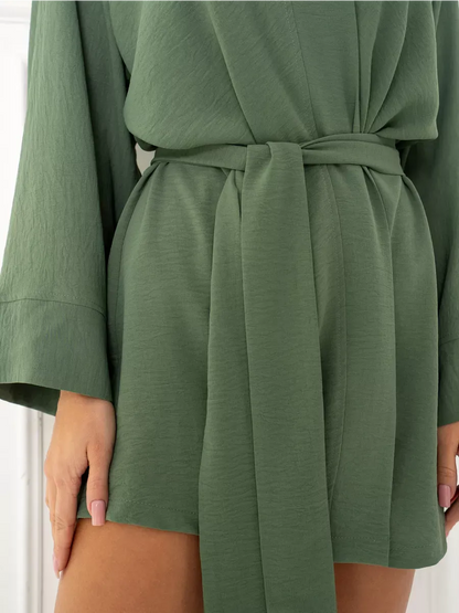 Olive Suit Set close-up showcasing the belted waist detail from Lauven's elegant oversized two-piece set.
