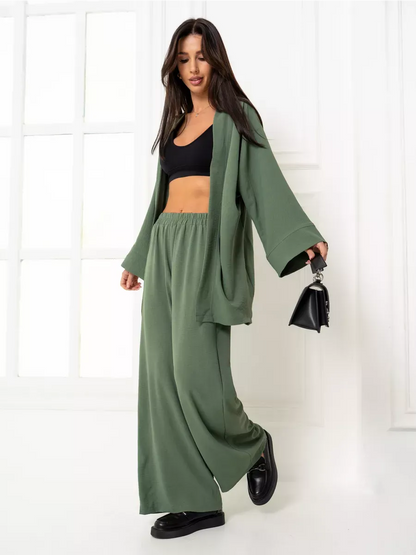 Olive Suit Set by Lauven featuring oversized design, wide-leg trousers, and a stylish relaxed fit.