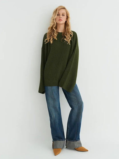 Olive Sweater by Lauven, oversized knit in deep khaki, featuring ribbed texture and wide sleeves for a flattering silhouette.