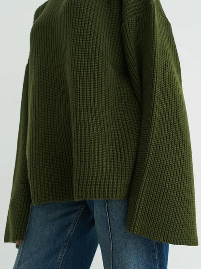 Olive Sweater by Lauven, oversized knit in deep khaki, featuring ribbed texture and wide sleeves.