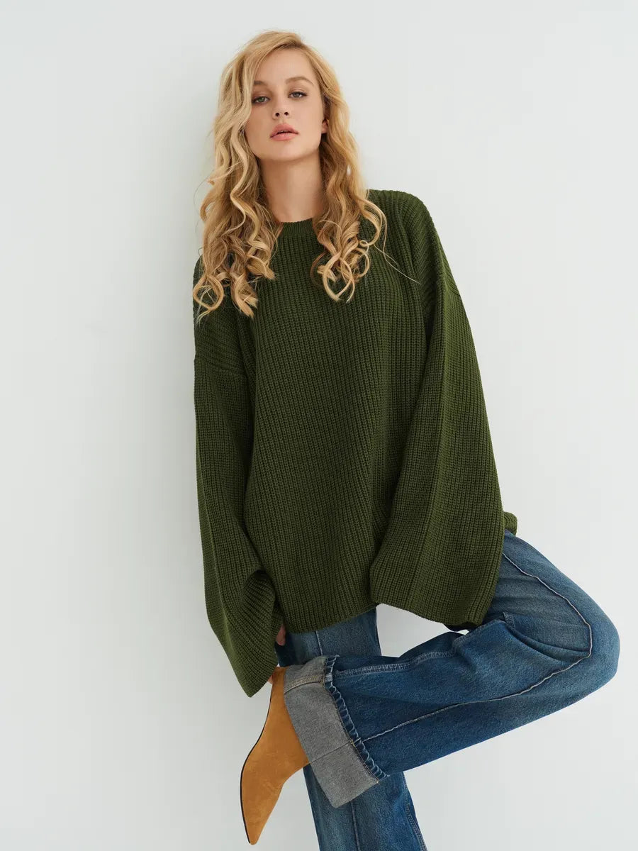 Olive Sweater by Lauven in oversized knit, deep khaki color, featuring ribbed texture and wide sleeves, perfect for layering.