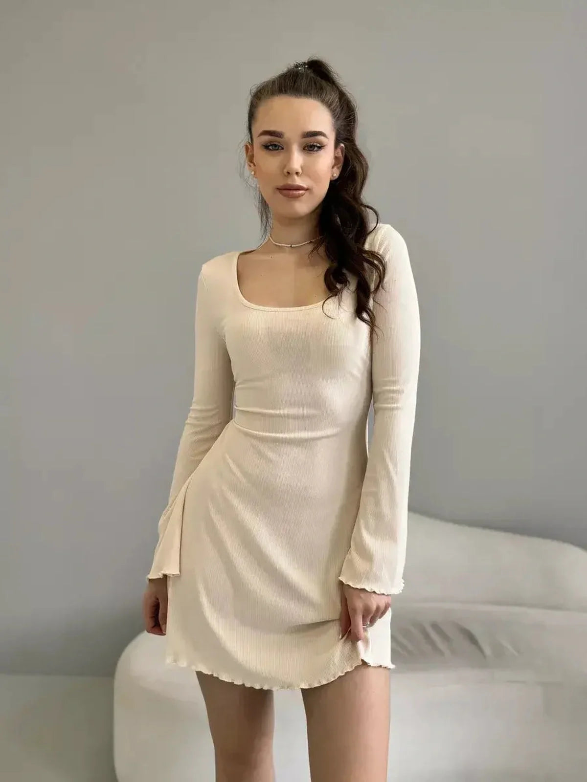 Olivia Mini Dress by Lauven in beige ribbed knit with square neckline and back tie, perfect for elegant occasions.