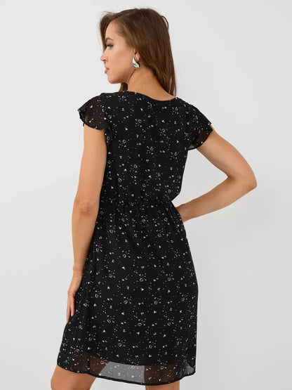 Onyx Mini Dress by Lauven, elegant black ruffle sleeve dress showcasing fitted silhouette and floral detail.