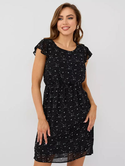 Onyx Mini Dress by Lauven, elegant black ruffle sleeve dress, perfect for special occasions.