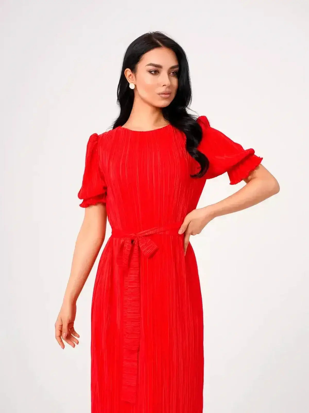 Ophelia Maxi Dress featuring vibrant red color, pleated design, puff sleeves, and a belted waist for a stylish summer look.