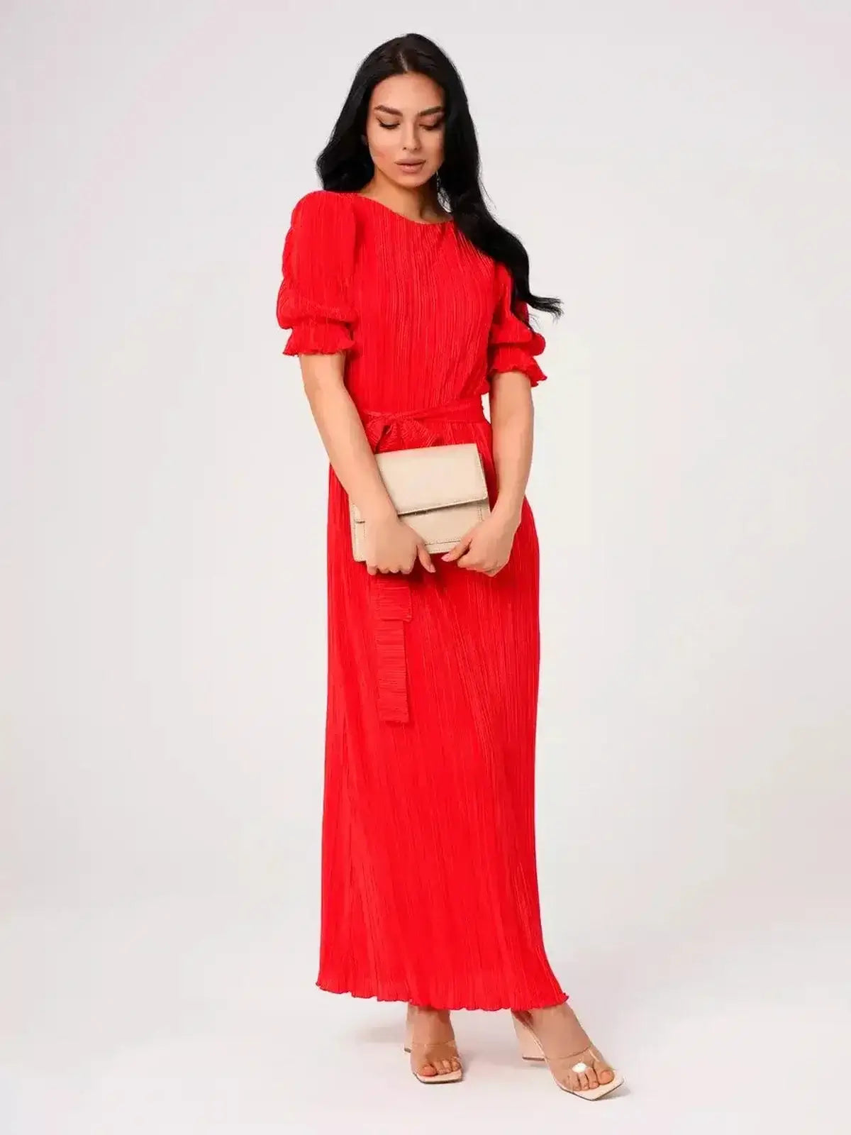 Ophelia Maxi Dress in vibrant red with pleated design, puff sleeves, and a belted waist for summer elegance.