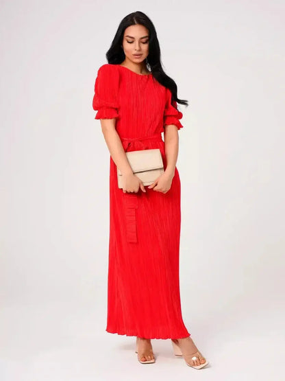 Ophelia Maxi Dress in vibrant red with pleated design, puff sleeves, and a belted waist for summer elegance.