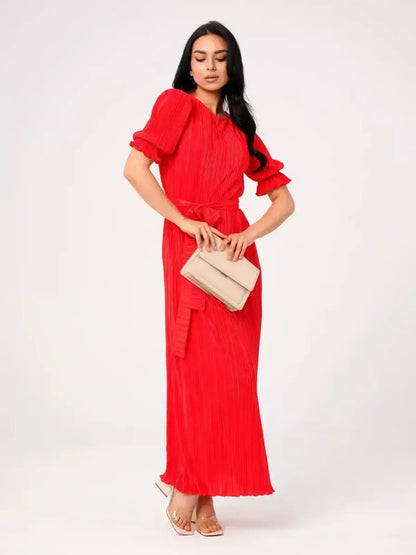 Ophelia Maxi Dress in vibrant red with pleated elegance, puff sleeves, and belted waist, perfect for summer events.