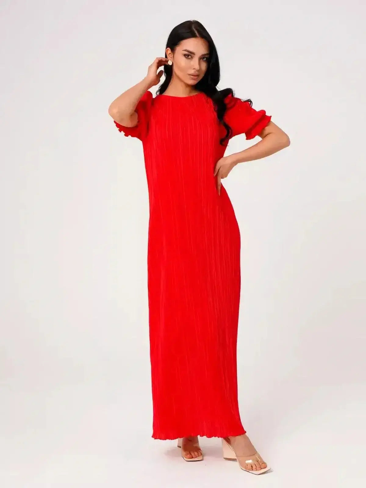 Ophelia Maxi Dress in vibrant red with pleated fabric and puff sleeves, offering elegance for summer events.