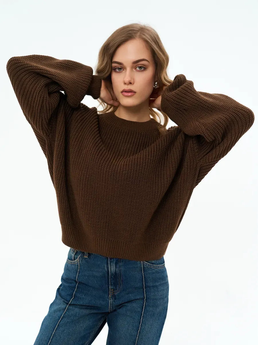 Orion Sweater by Lauven in chocolate brown, featuring oversized knitwear, round neckline, and cropped length.