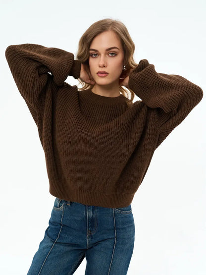 Orion Sweater by Lauven in chocolate brown, featuring oversized knitwear, round neckline, and cropped length.