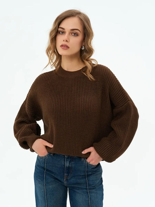 Orion Sweater by Lauven in chocolate brown oversized knitwear featuring a round neckline and cropped length.