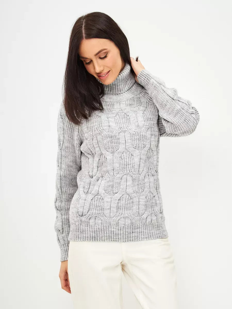 Osiris Sweater by Lauven, oversized cable knit with high neck, soft gray melange, elegant and comfortable for women.
