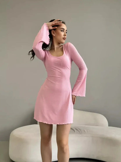 Cotton Lace Mini Dress by Lauven featuring a pink ribbed long sleeve with square neckline and lace-up back.