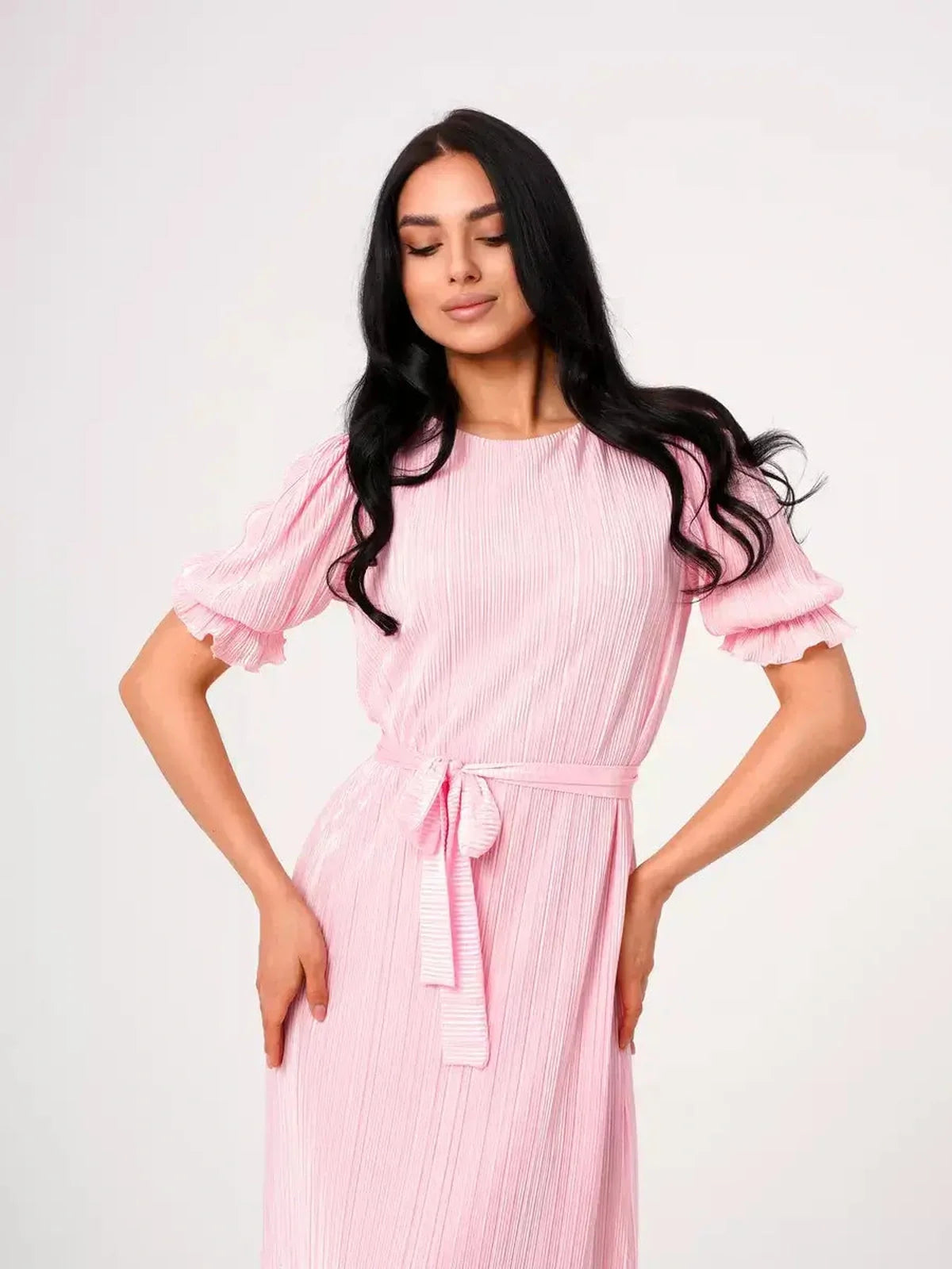 Candy Maxi Dress in pink with pleated design, puff sleeves, and tie waist for a flattering fit and elegant silhouette.