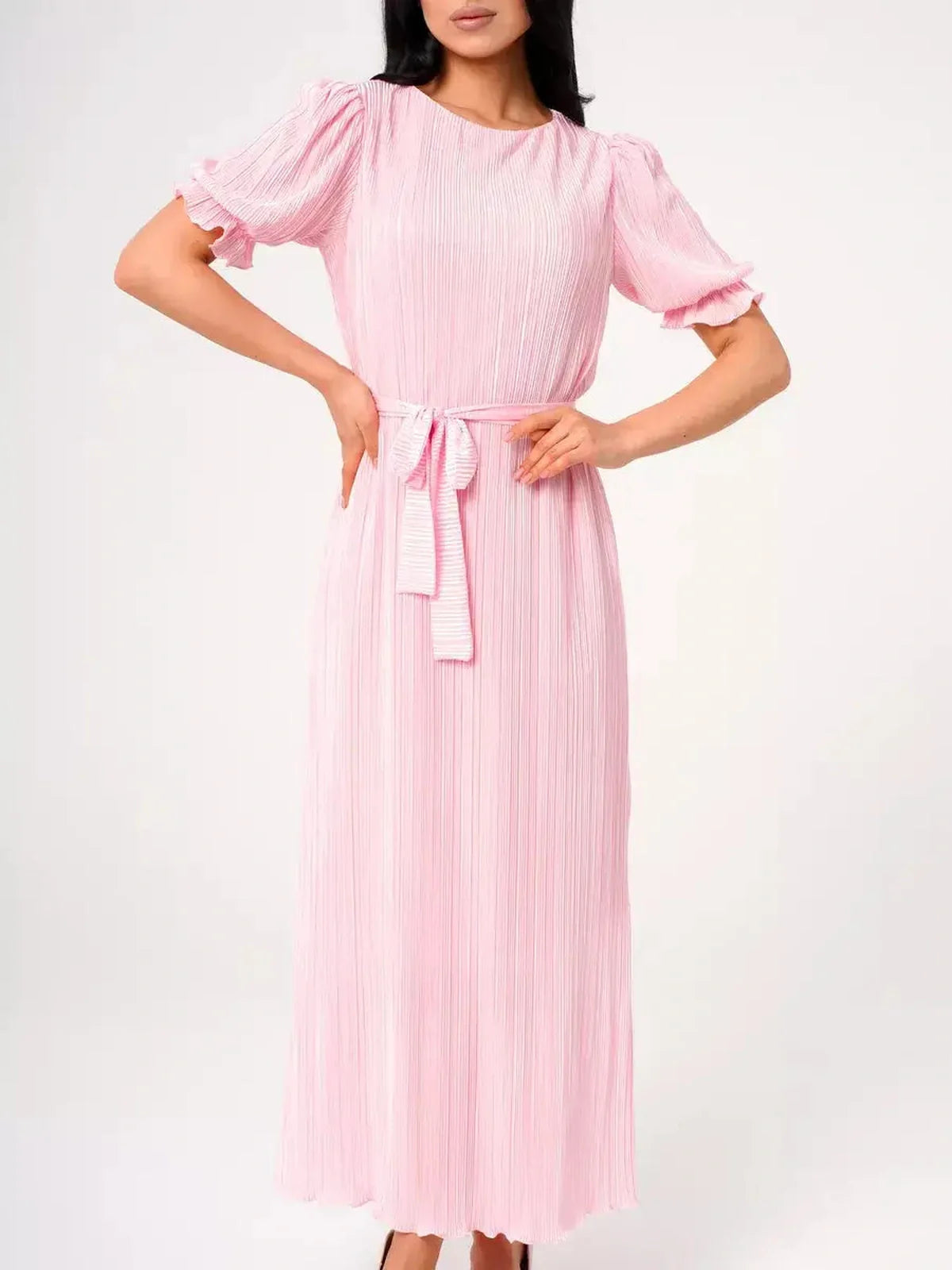 Candy Maxi Dress featuring pleated elegance, puff sleeves, and a tie waist in a soft pink color.