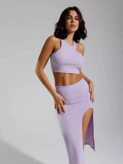 Piper Cutout Set by Lauven featuring lilac ribbed knit crop top and high-waisted skirt with thigh-high slit.