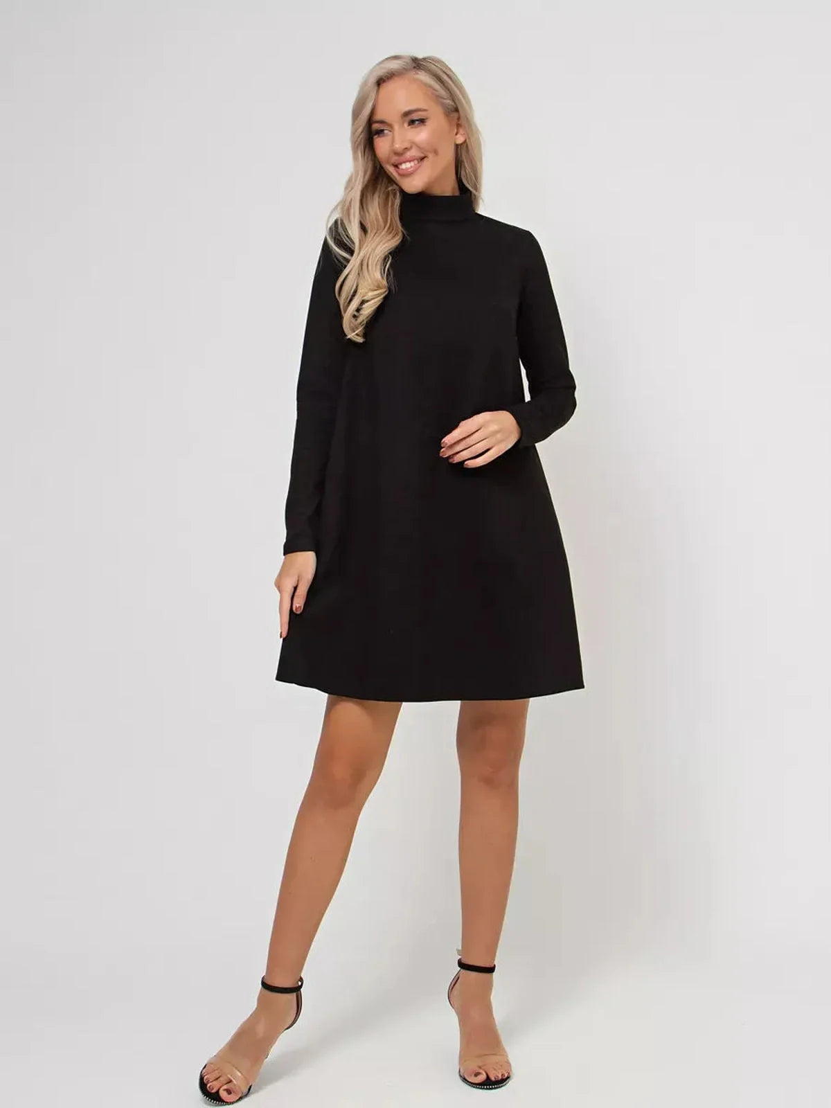 Quinn Mini Dress by Lauven, black long sleeve A-line dress with mock neck and back zip.