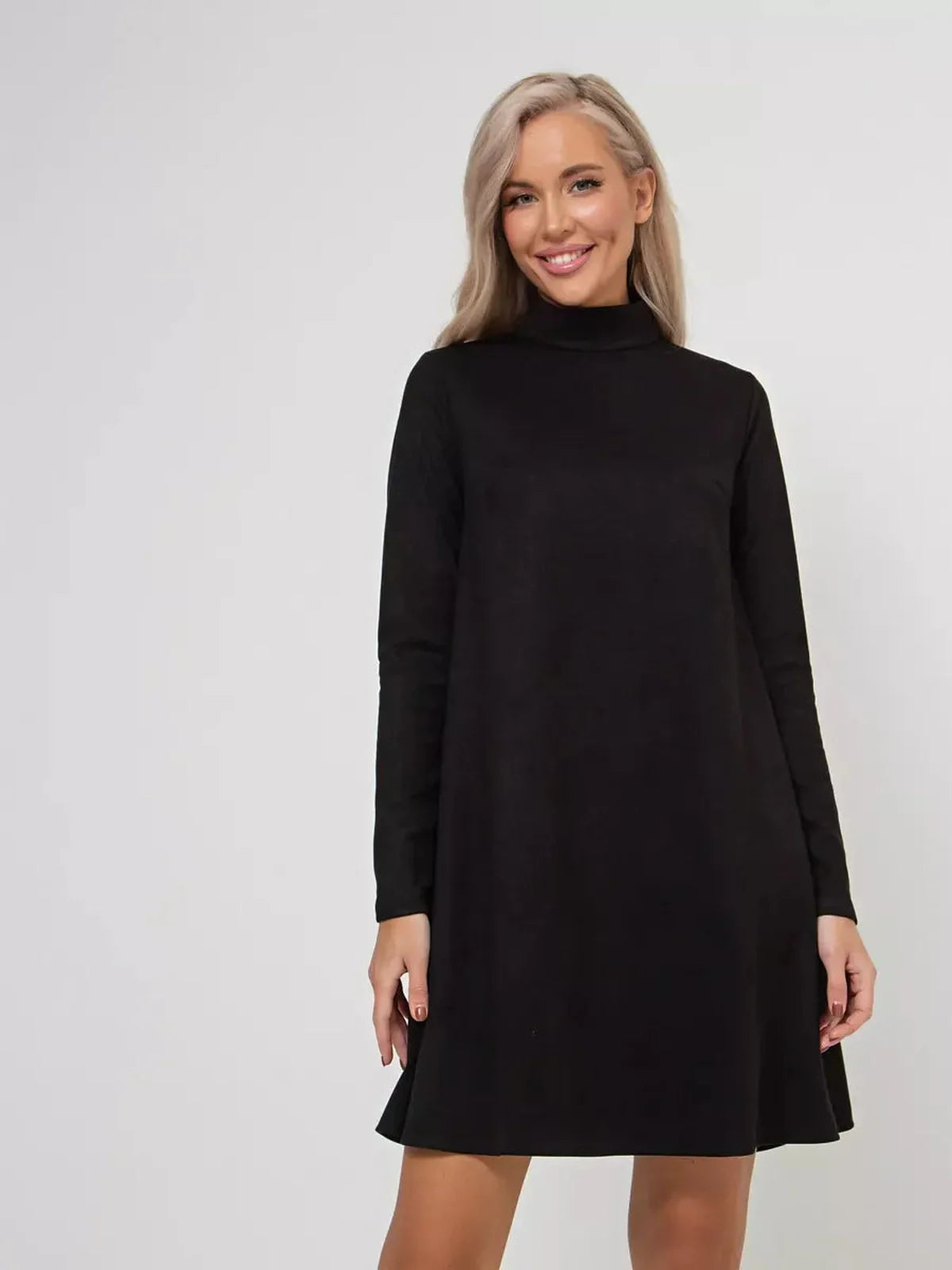 Quinn Mini Dress by Lauven in black, featuring long sleeves, mock neck, and A-line silhouette.
