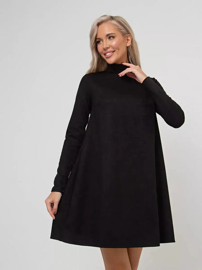Quinn Mini Dress by Lauven - Black long sleeve A-line dress with mock neck, perfect for day and evening wear.