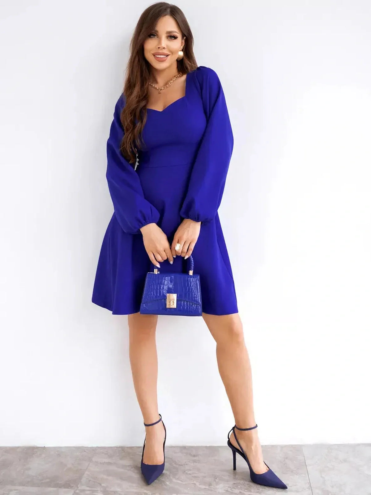 Royal Mini Dress by Lauven - Long sleeve flared cocktail dress in vibrant blue with a sculpted neckline.