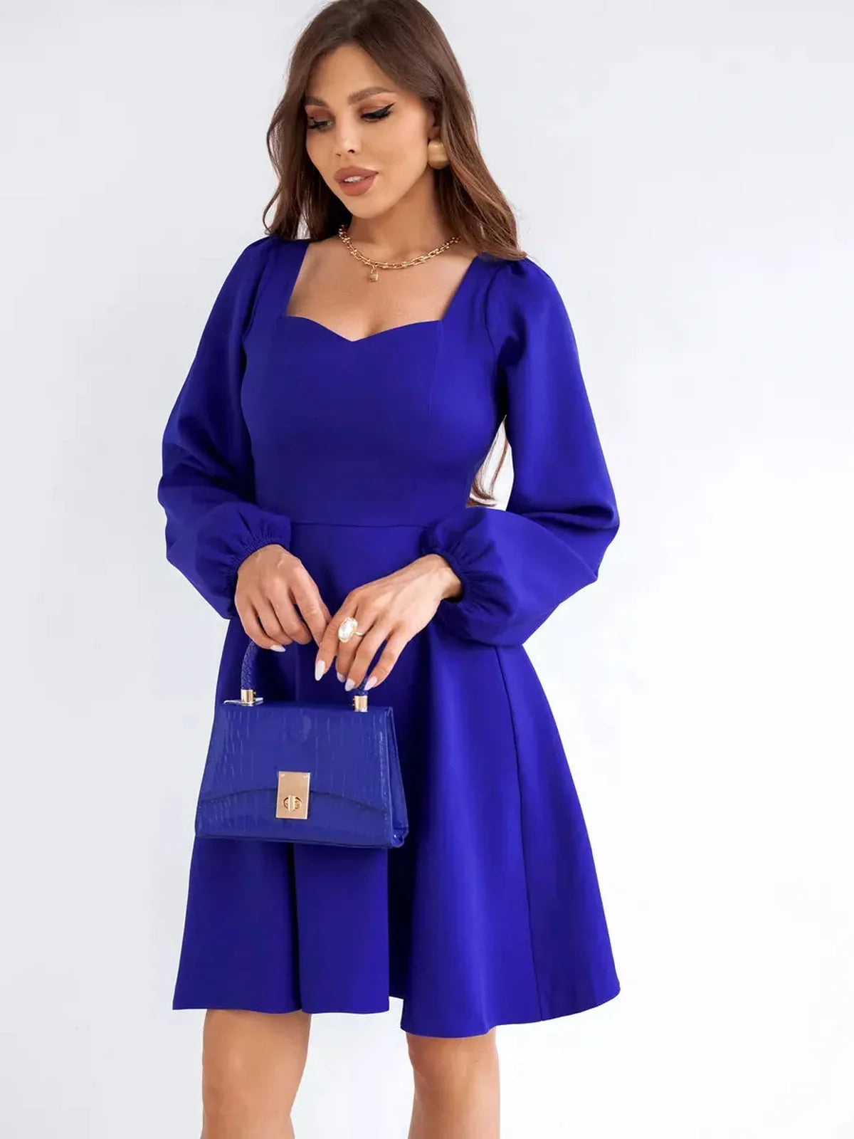 Royal Mini Dress by Lauven, a long-sleeve cocktail dress with a sculpted square neckline and flared skirt.