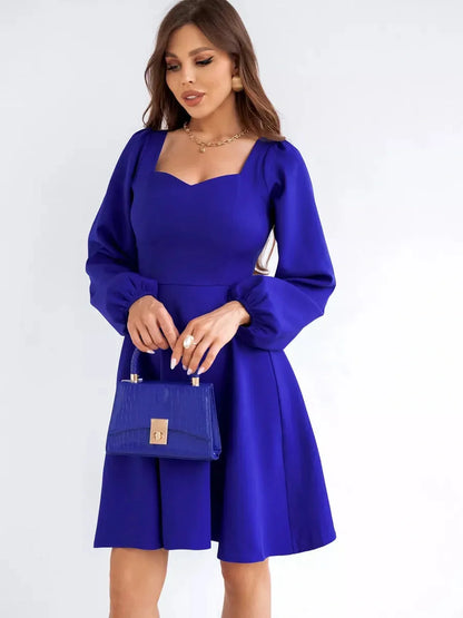 Royal Mini Dress by Lauven, a long-sleeve cocktail dress with a sculpted square neckline and flared skirt.
