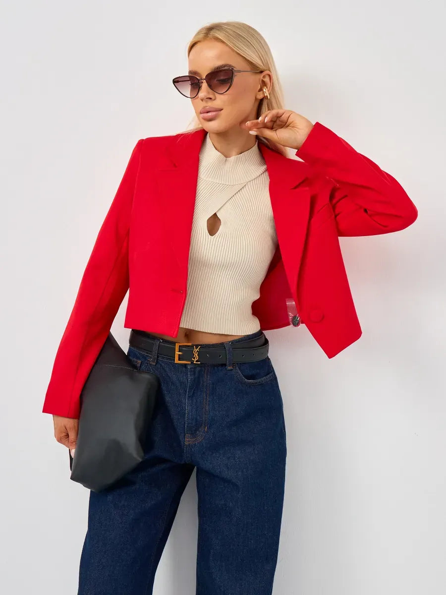 Ruby Blazer by Lauven, a cropped classic tailored red elegance, styled with modern outfit.