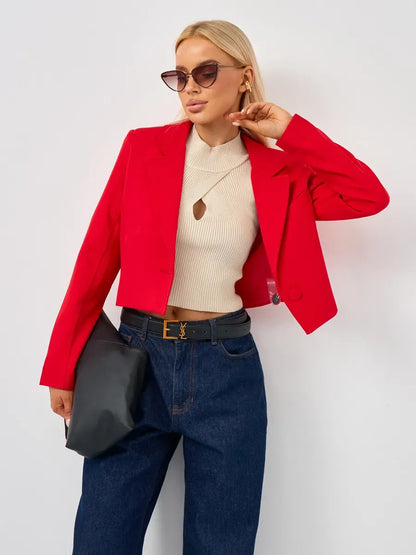 Ruby Blazer by Lauven, a cropped classic tailored red elegance, styled with modern outfit.