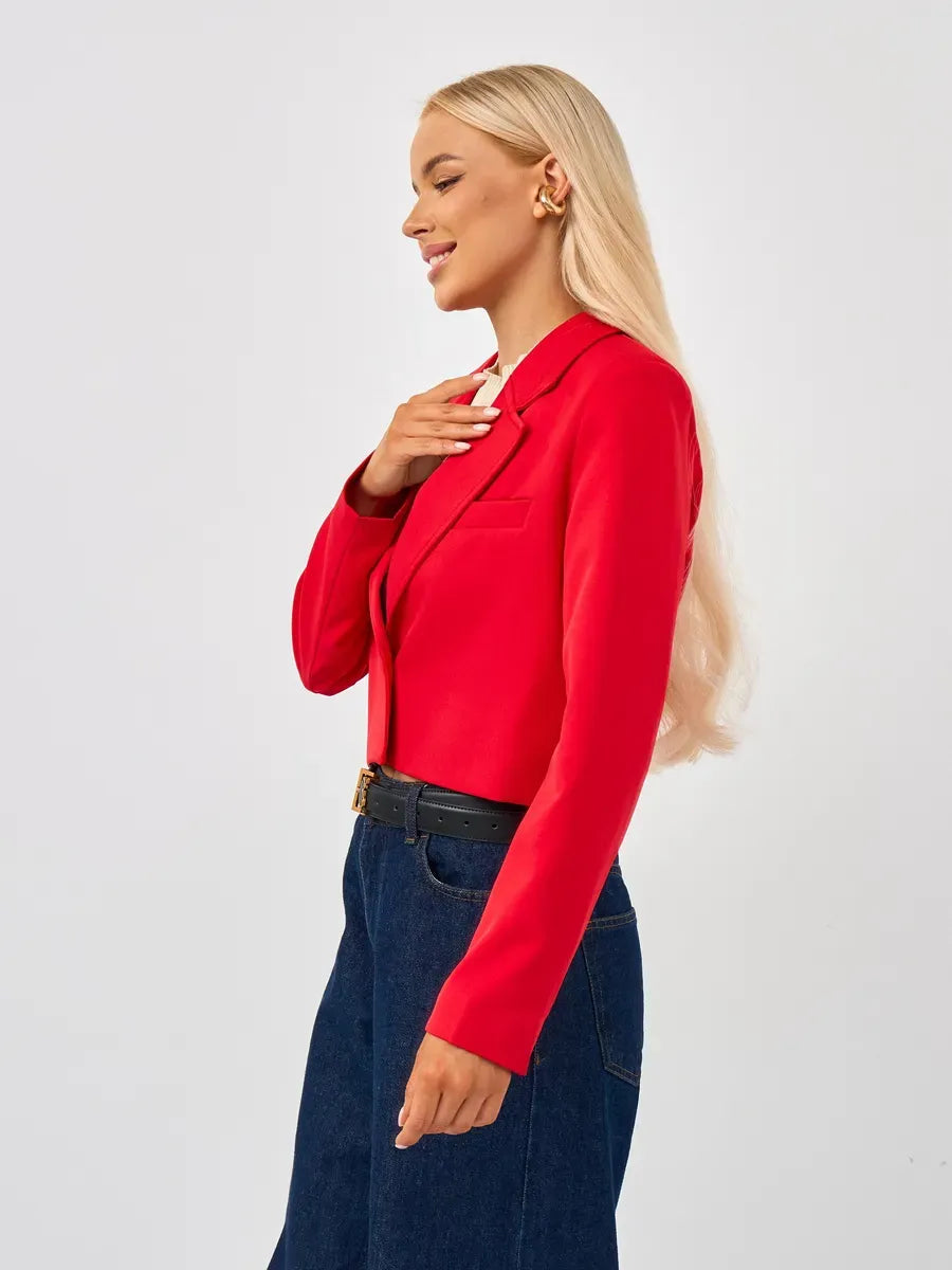 Ruby Blazer by Lauven in a cropped silhouette, showcasing vibrant red elegance and tailored fit for versatile fashion.