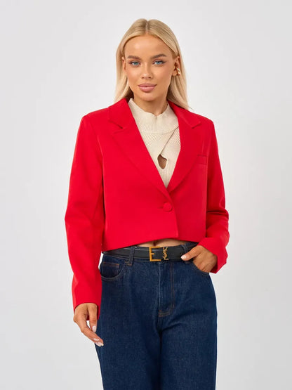 Ruby Blazer by Lauven — Cropped tailored red women's blazer for versatile styling.