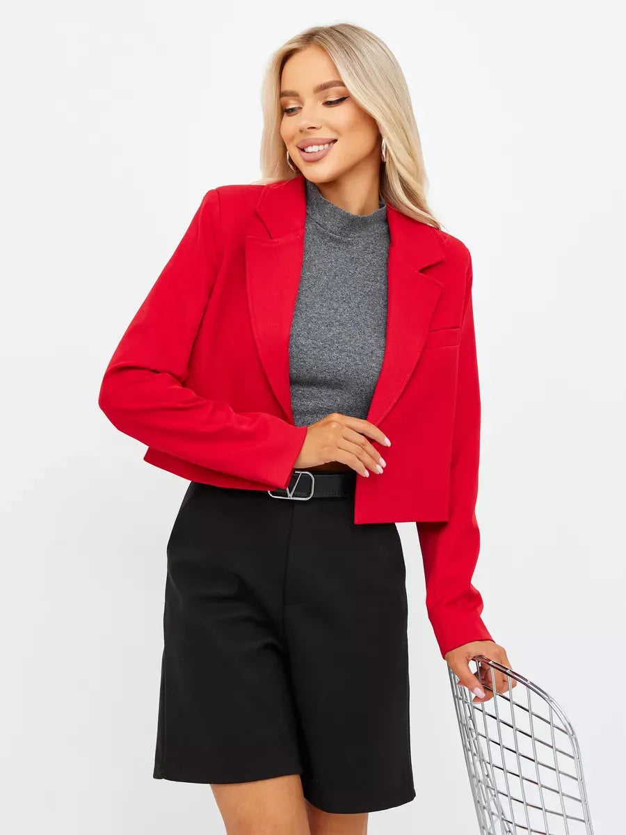 Ruby Blazer by Lauven - Stylish cropped red tailored blazer for women in an elegant outfit.