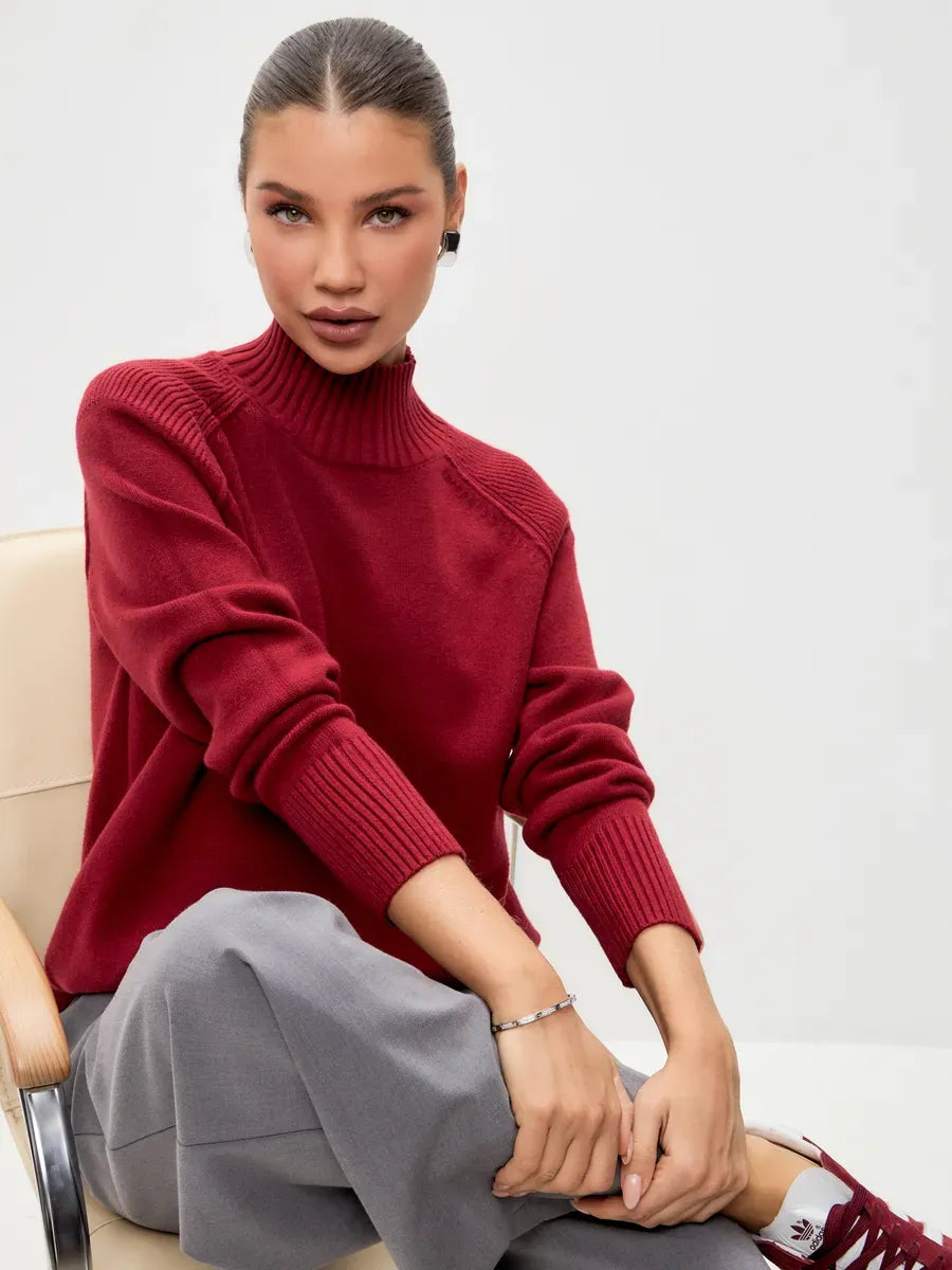 Ruby Sweater by Lauven - Luxurious oversized cashmere blend in rich burgundy with high neck and ribbed details.