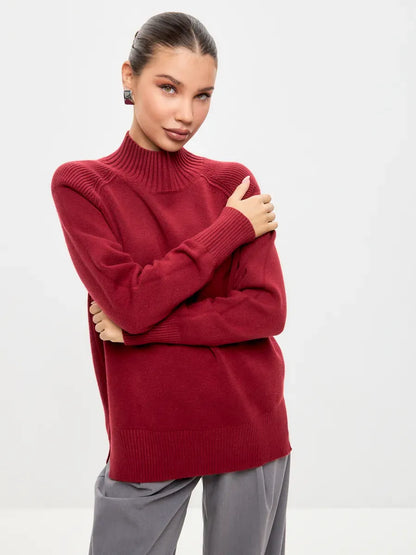 Ruby Sweater by Lauven, oversized cashmere blend in rich burgundy with high neck and textured shoulder design.