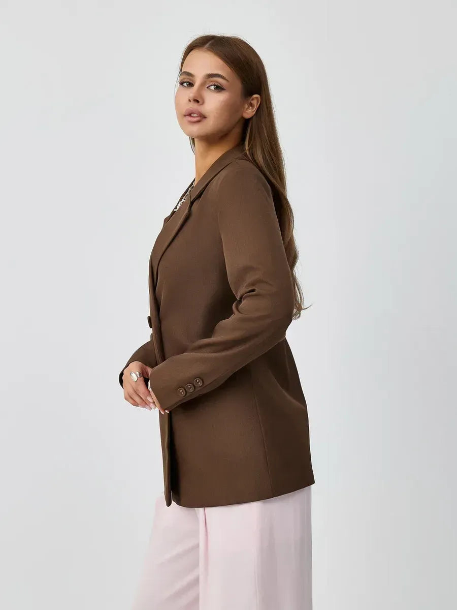 Saffron Blazer by Lauven, elegant oversized double-breasted chocolate blazer for women.