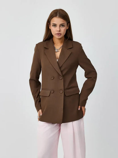 Saffron Blazer - Elegant oversized double-breasted chocolate blazer by Lauven, perfect for work or festive occasions.