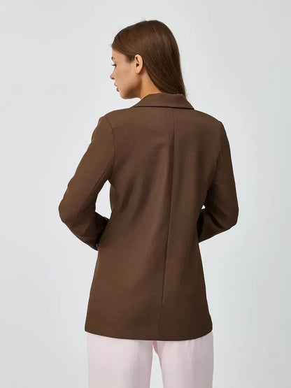 Saffron Blazer by Lauven, elegant oversized double-breasted chocolate blazer, showcasing the back design.