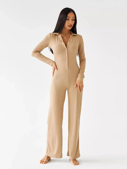 Jersey Jumpsuit in sand ribbed knit with button-front and wide-leg silhouette, perfect for lounging and casual outings.