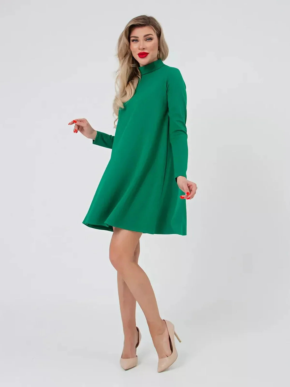Santorini Mini Dress by Lauven in olive green A-line style with stand collar and long sleeves.