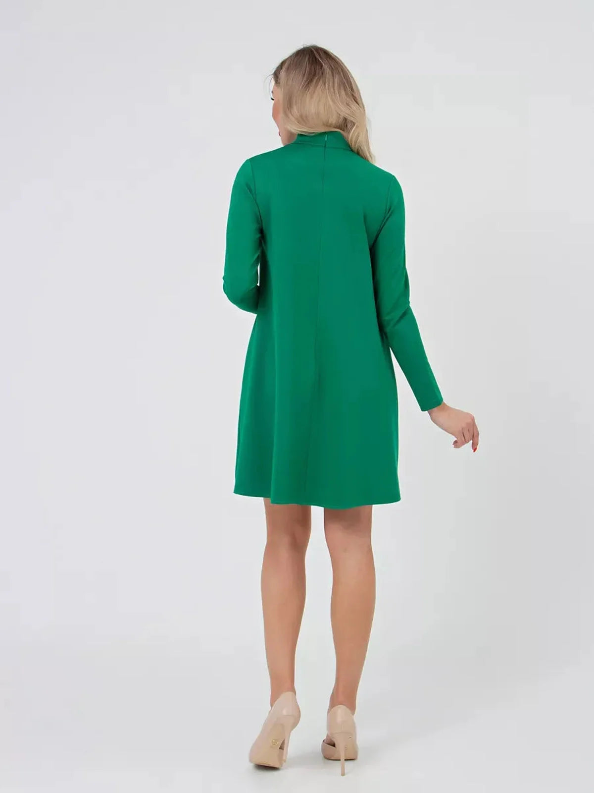 Santorini Mini Dress by Lauven in olive green, featuring an A-line silhouette and long sleeves, shown from the back.